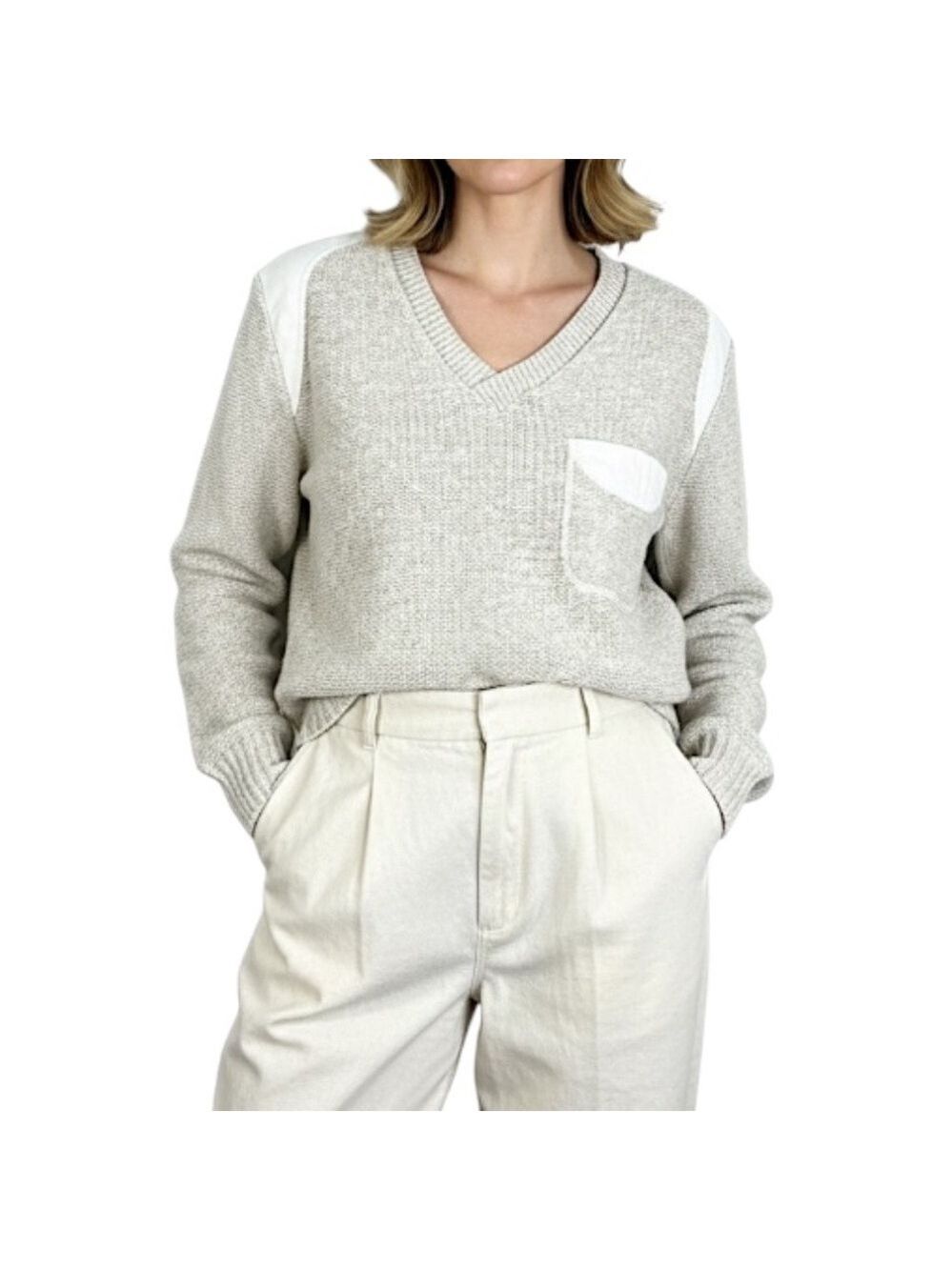 Vintage 80s 90s oatmeal beige shoulder patch v neck pullover tennis sweater XS